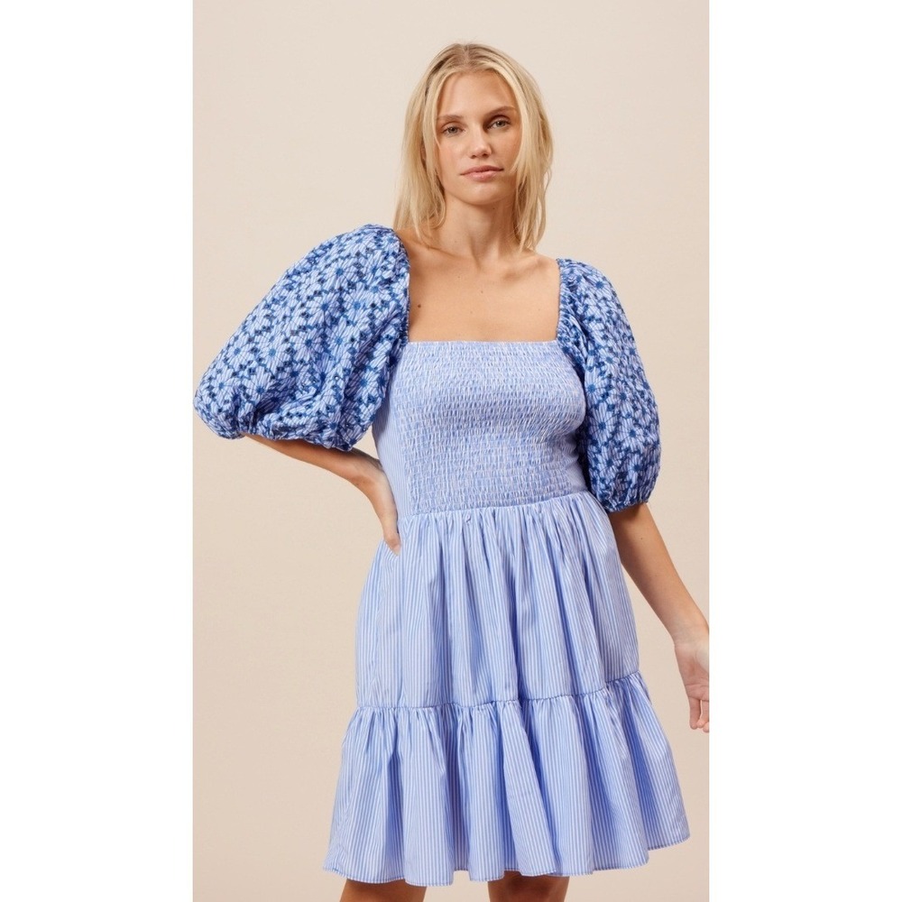 Lucy Paris Skya Embroidered Striped Mini Dress Smocked Puff‎ Sleeve Sz L NWT